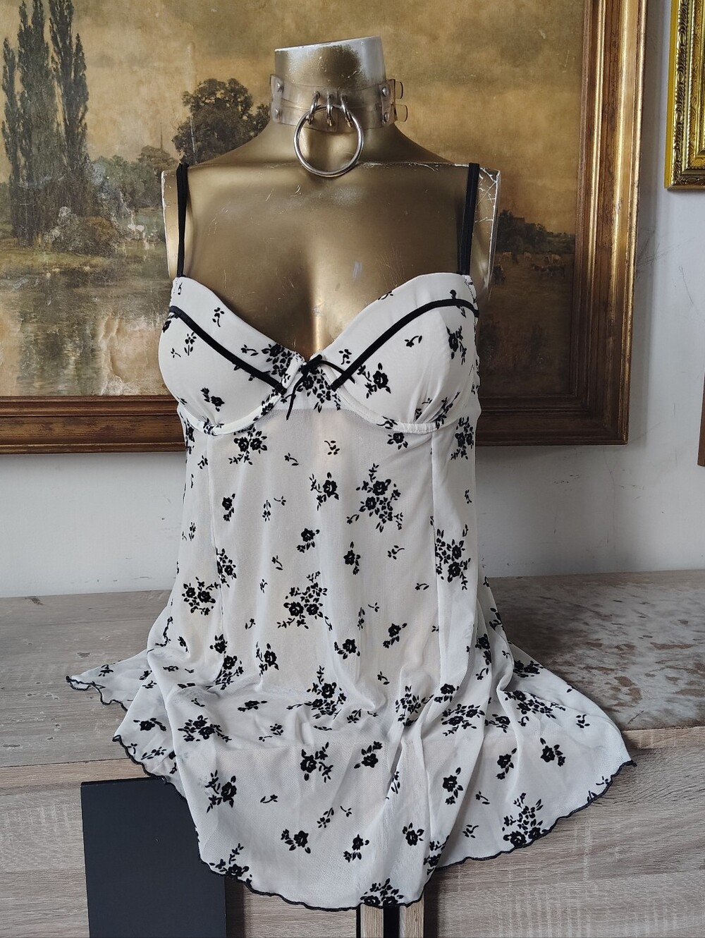 White & Black Floral Slip Dress Large Sheer Y2K Aesthetic Bustier Nightie Sleep